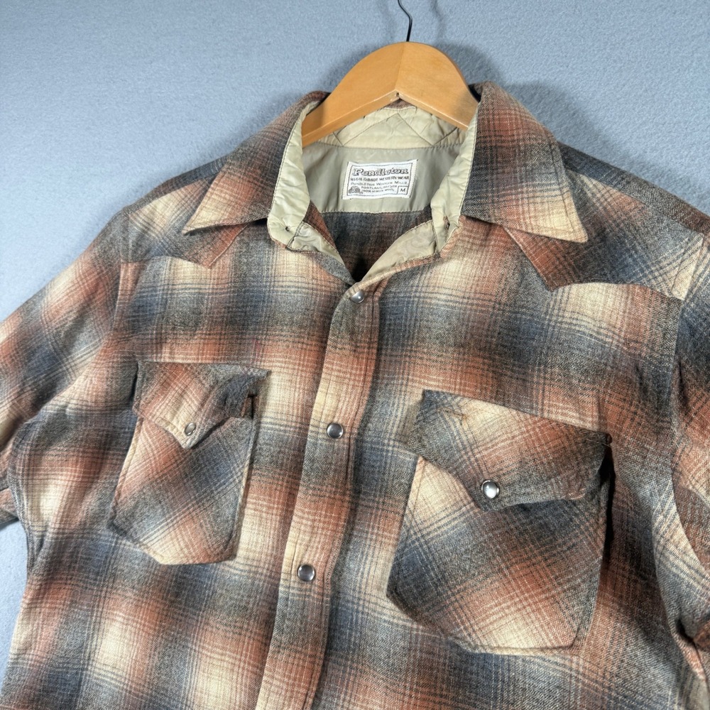 Pendleton High Grade Western Wear Mens M Wool Plaid Snap Button Flannel Shirt - Picture 5 of 15